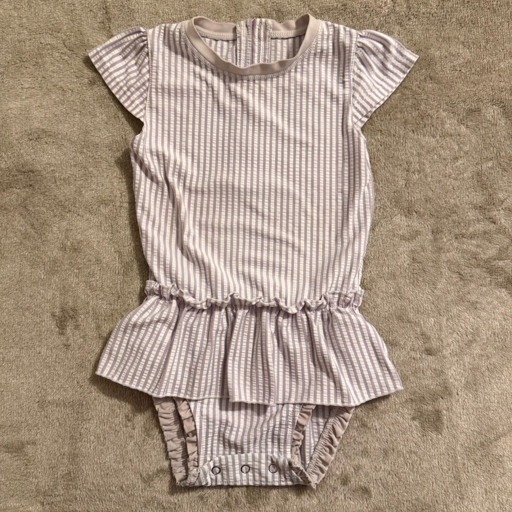 RuffleButts Girls Lavender Seersucker Stripe One Piece Swimsuit 3T